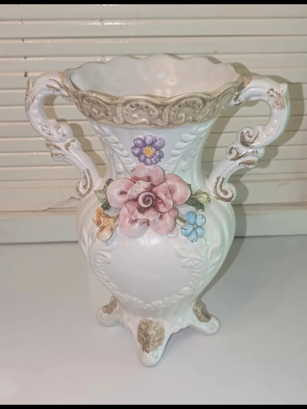 Capodimonte White Floral Embossed Two-Handle Decorative Vase
